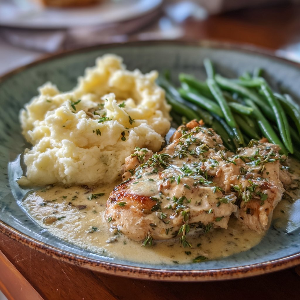 Creamy Herb Chicken with Mashed Potatoes and Green Beans